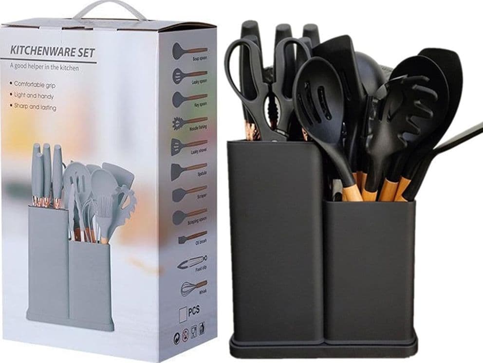 SET DI UTENSILI COLTELLI DA CUCINA DA CHEF DA 19 PEZZI IN SILICONE CON MANICO IN LEGNO in Set di coltelli da cucina Trade Shop italia - Napoli, commercioVirtuoso.it