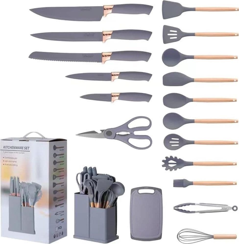 SET DI UTENSILI COLTELLI DA CUCINA DA CHEF DA 19 PEZZI IN SILICONE CON MANICO IN LEGNO in Set di coltelli da cucina Trade Shop italia - Napoli, commercioVirtuoso.it