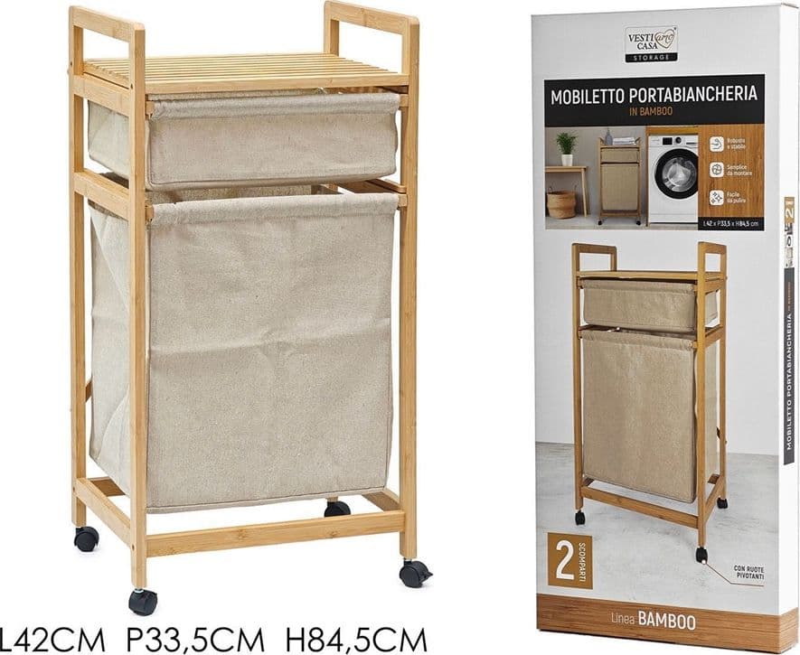 MOBILETTO CESTO PORTABIANCHERIA IN BAMBÙ TESSUTO 42X33,5X84,5CM A 2 SCOMPARTI CON RUOTE in Ceste per la biancheria Trade Shop italia - Napoli, commercioVirtuoso.it