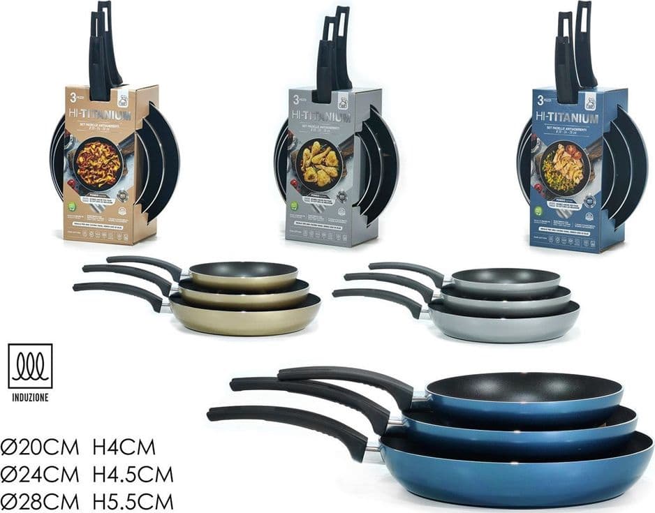 SET 3PZ PADELLE ANTIADERENTI IN ALLUMINIO HI-TITANIUM ⌀20/24/28CM PIANO COTTURA INDUZIONE in Set di padelle Trade Shop italia - Napoli, commercioVirtuoso.it