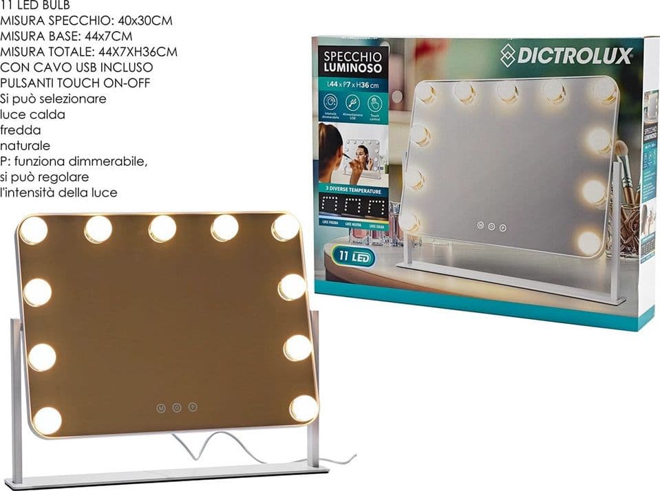 SPECCHIO LUMINOSO 11 LED CONTROLLO TOUCH 3 TEMPERATURE LUCE DIMMERABILE STILE HOLLYWOOD in Specchi da tavolo Trade Shop italia - Napoli, commercioVirtuoso.it