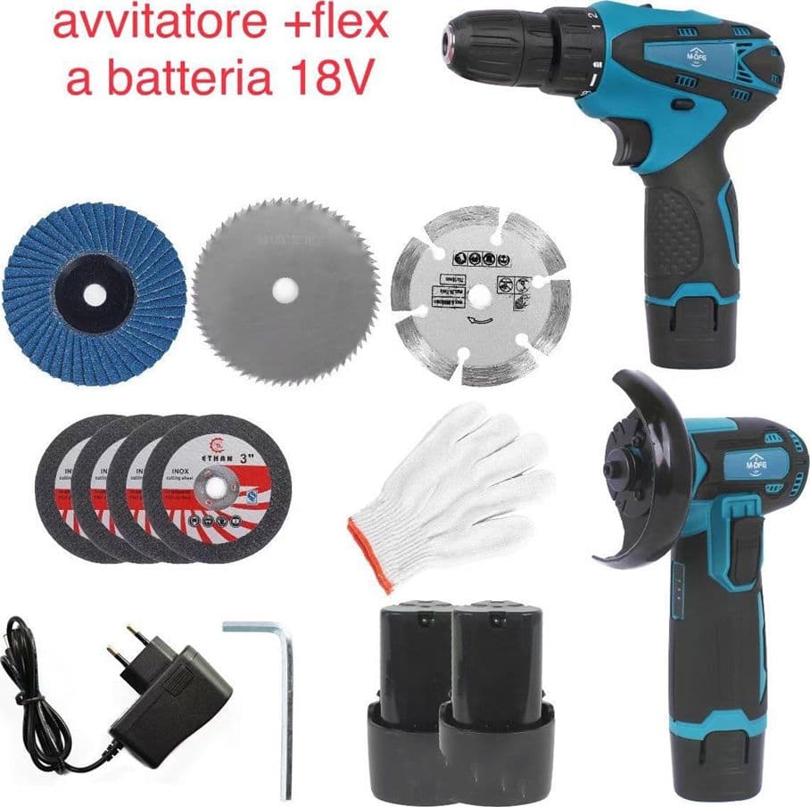 SET TRAPANO AVVITATORE + FLEX SMERIGLIATRICE ANGOLARE A BATTERIA 18V CON ACCESSORI in Trapani avvitatori Trade Shop italia - Napoli, commercioVirtuoso.it