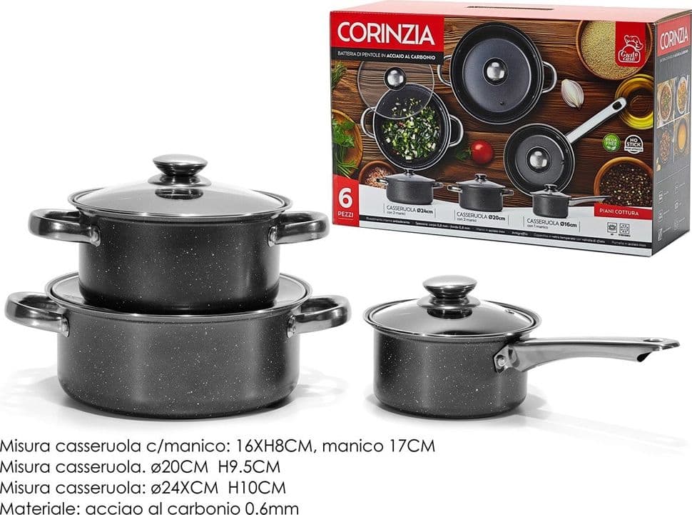 SET BATTERIA DI PENTOLE CUCINA IN ACCIAIO AL CARBONIO DA 6PZ ANTIADERENTE ANTIGRAFFIO in Set di pentole Trade Shop italia - Napoli, commercioVirtuoso.it