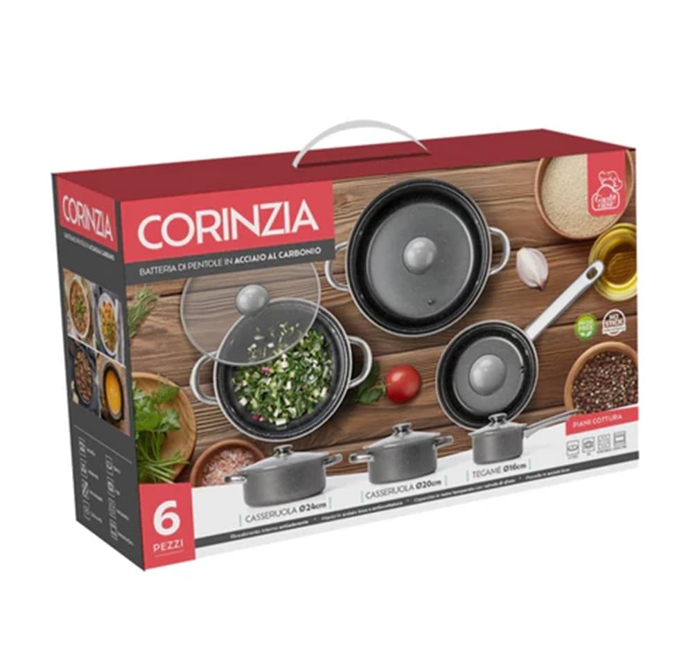 SET BATTERIA DI PENTOLE CUCINA IN ACCIAIO AL CARBONIO DA 6PZ ANTIADERENTE ANTIGRAFFIO in Set di pentole Trade Shop italia - Napoli, commercioVirtuoso.it