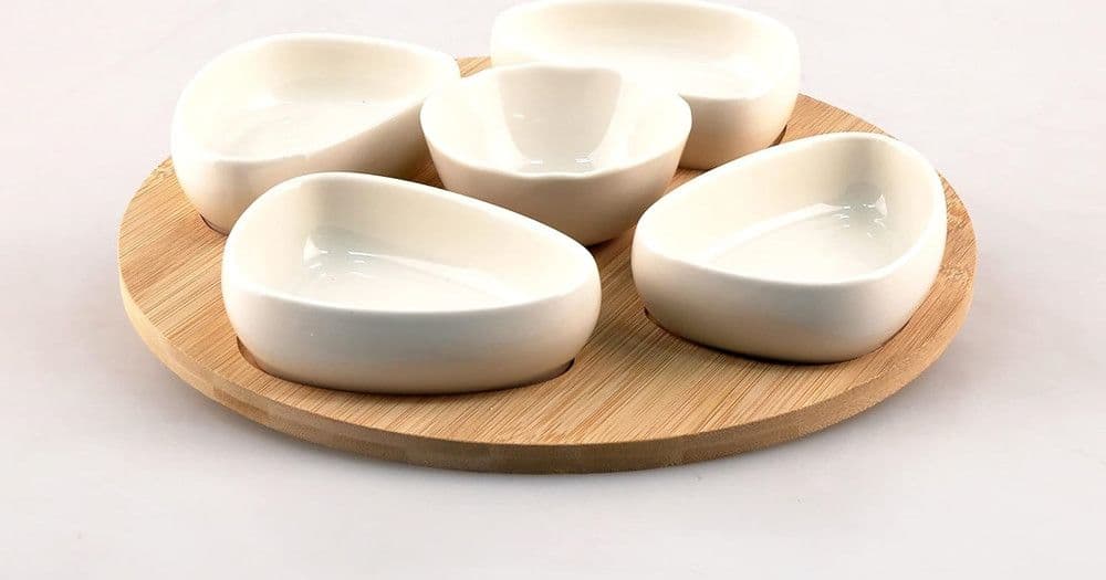 SET ANTIPASTIERA VASSOIO GIREVOLE Ø27CM IN BAMBOO CON 5 CIOTOLE DA PORTATA SNACK APERTIVI in Ciotoline da Snack Trade Shop italia - Napoli, commercioVirtuoso.it