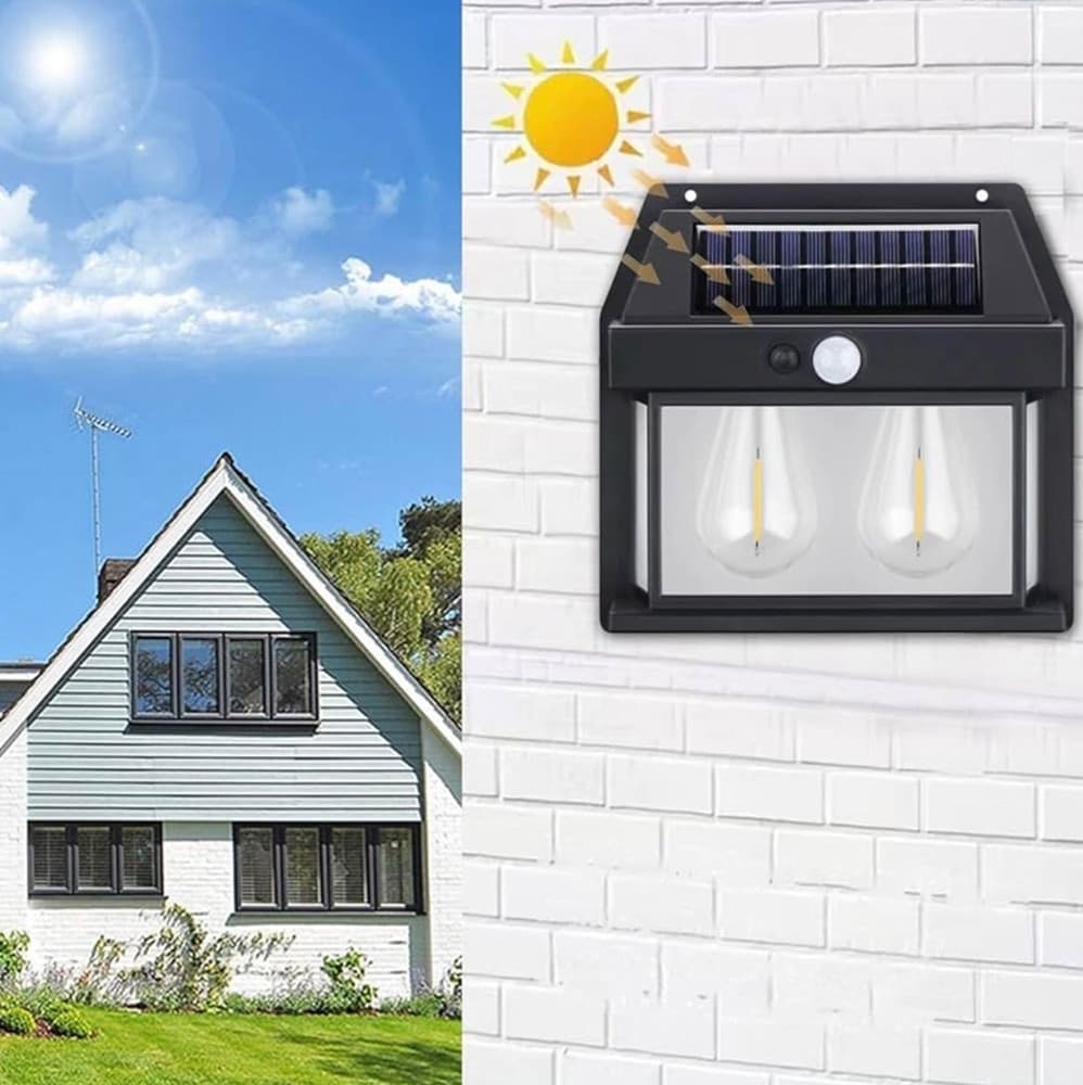 LAMPADA DA PARETE A LUCE CALDA PANNELLO SOLARE A DOPPIO LED CON SENSORE IP65 SENZA FILI in Lampade da parete Trade Shop italia - Napoli, commercioVirtuoso.it