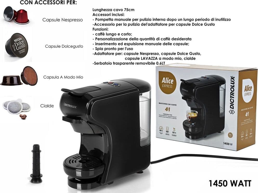MACCHINA DA CAFFÈ 1450W 4IN1 CAPSULE CIALDE COMPATIBILE NESPRESSO DOLCE GUSTO A MODO MIO in Macchine da caffè tazza singola Trade Shop italia - Napoli, commercioVirtuoso.it