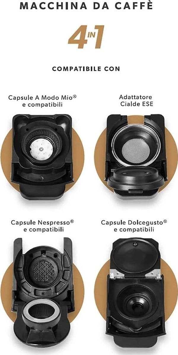MACCHINA DA CAFFÈ 1450W 4IN1 CAPSULE CIALDE COMPATIBILE NESPRESSO DOLCE GUSTO A MODO MIO in Macchine da caffè tazza singola Trade Shop italia - Napoli, commercioVirtuoso.it
