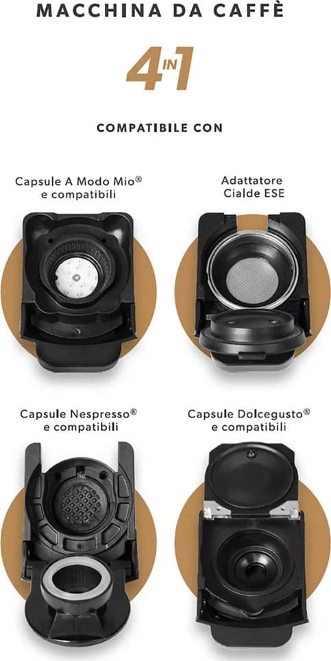 MACCHINA DA CAFFÈ 1450W 4IN1 CAPSULE CIALDE COMPATIBILE NESPRESSO DOLCE GUSTO A MODO MIO in Macchine da caffè tazza singola Trade Shop italia - Napoli, commercioVirtuoso.it