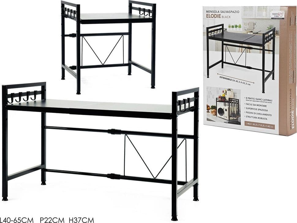 MENSOLA ALLUNGAILE DA 40-65CM SALVASPAZIO CON 8 GANCI PER APPENDERE UTENSILI ARREDO CASA in Mensole da muro Trade Shop italia - Napoli, commercioVirtuoso.it