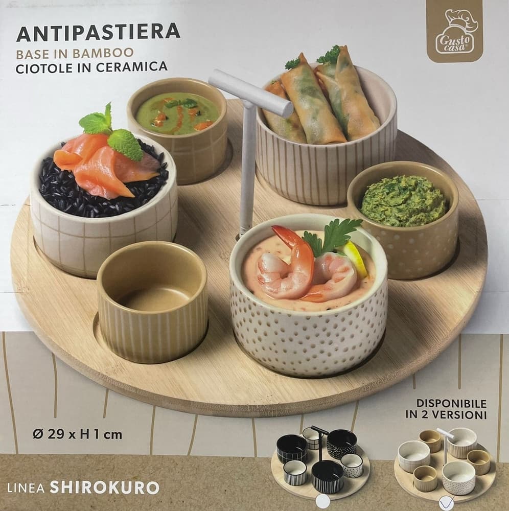 SET ANTIPASTIERA CON 6 CIOTOLINE SU VASSOIO BASE IN BAMBOO ⌀29CM PER ANTIPASTI SNACK in Ciotoline da Snack Trade Shop italia - Napoli, commercioVirtuoso.it