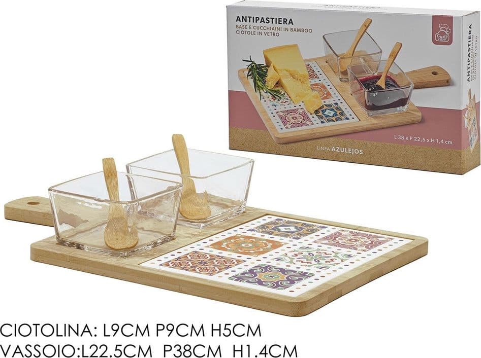 SET ANTIPASTIERA CON 2 CIOTOLE IN VETRO 2 CUCCHIAINI BASE IN BAMBOO CON DECORO MAIOLICA in Ciotoline da Snack Trade Shop italia - Napoli, commercioVirtuoso.it