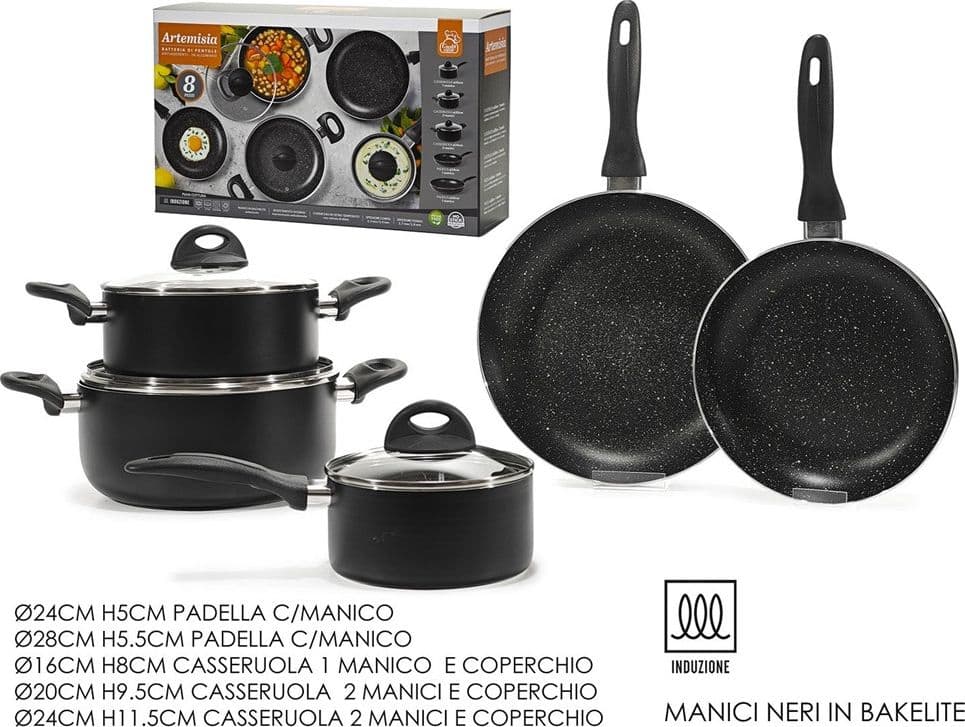 BATTERIA DI PENTOLE PADELLE DA 8PZ ANTIADERENTI IN ALLUMINIO MANICI IN BAKELITE INDUZIONE in Set di padelle Trade Shop italia - Napoli, commercioVirtuoso.it