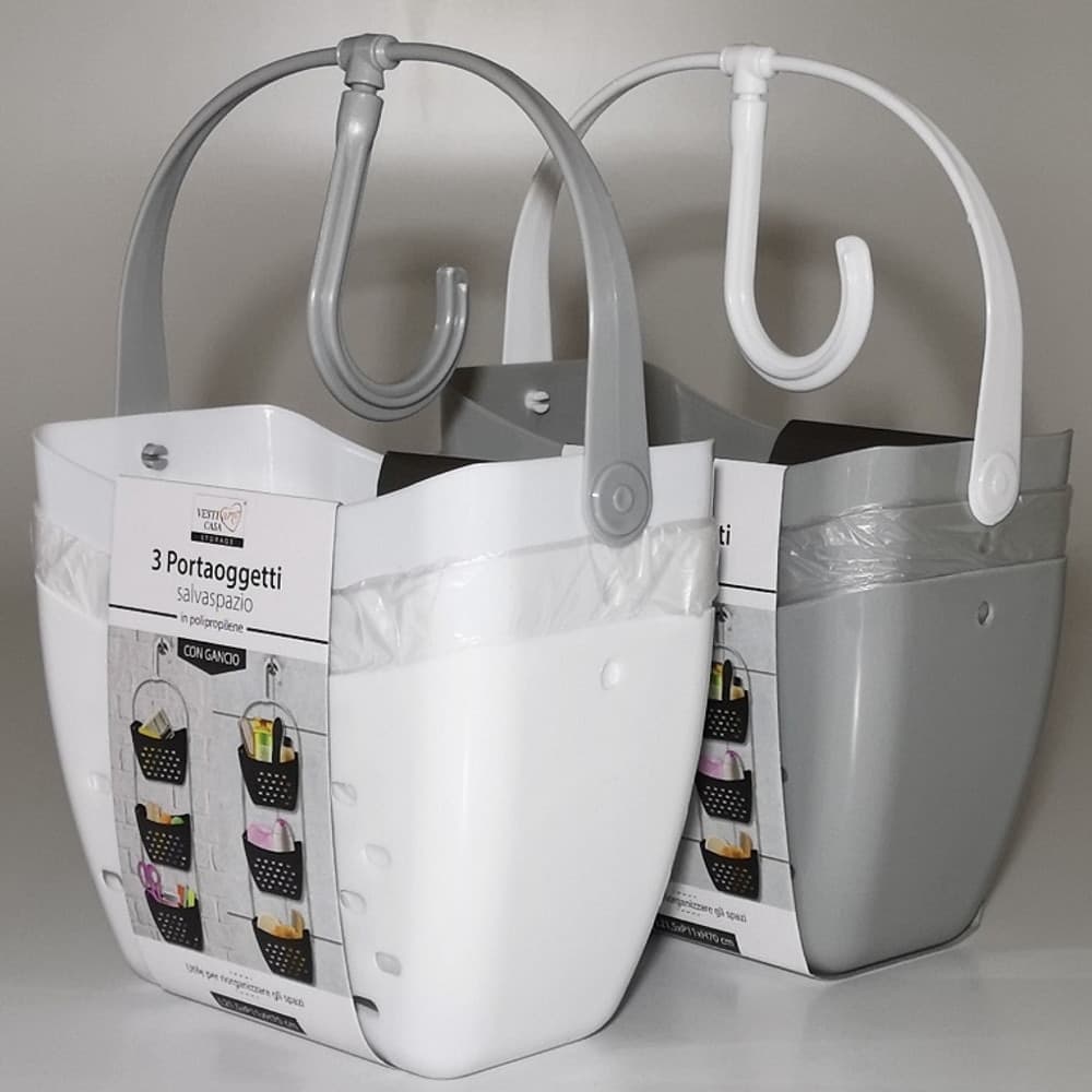 PORTAOGGETTI CON GANCIO 3 CONTENITORI SALVASPAZIO CESTINO BAGNO SOSPESO IN PLASTICA 70 CM