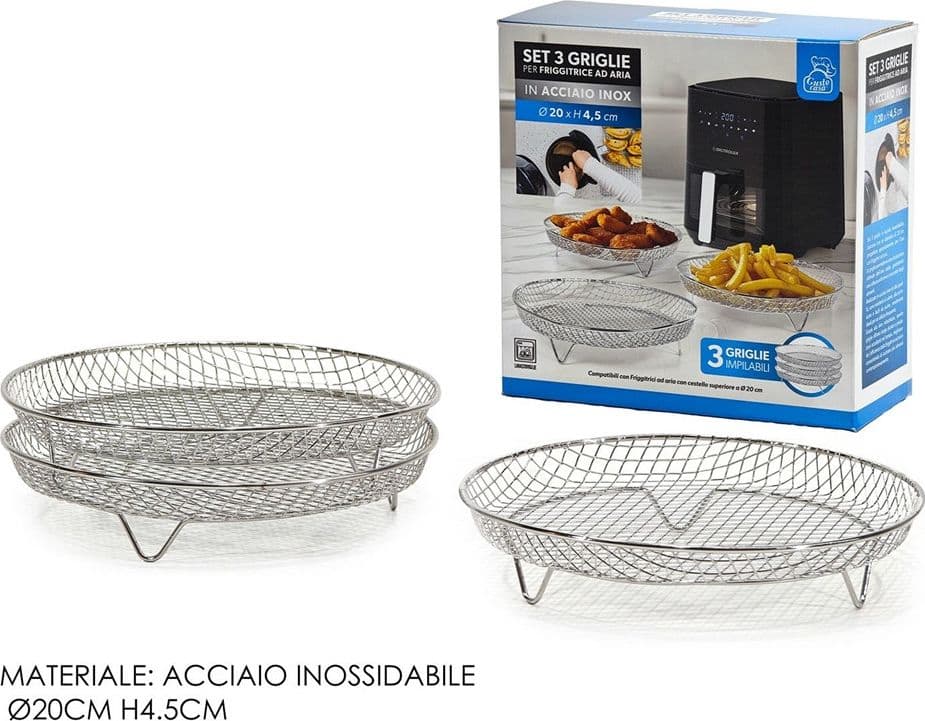 SET DA 3 GRIGLIE IN ACCIAIO INOX PER FRIGGITRICE AD ARIA H4,5 CM X Ø20 CM IMPILABILI in Accessori per friggitrici Trade Shop italia - Napoli, commercioVirtuoso.it