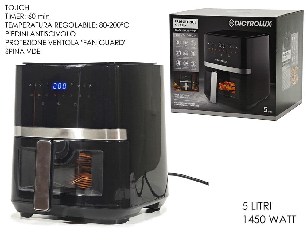FRIGGITRICE AD ARIA 5 LITRI 1450 WATT DISPLAY LED TOUCH 8 PROGRAMMI COTTURA CON FINESTRA in prodotto Trade Shop italia - Napoli, commercioVirtuoso.it