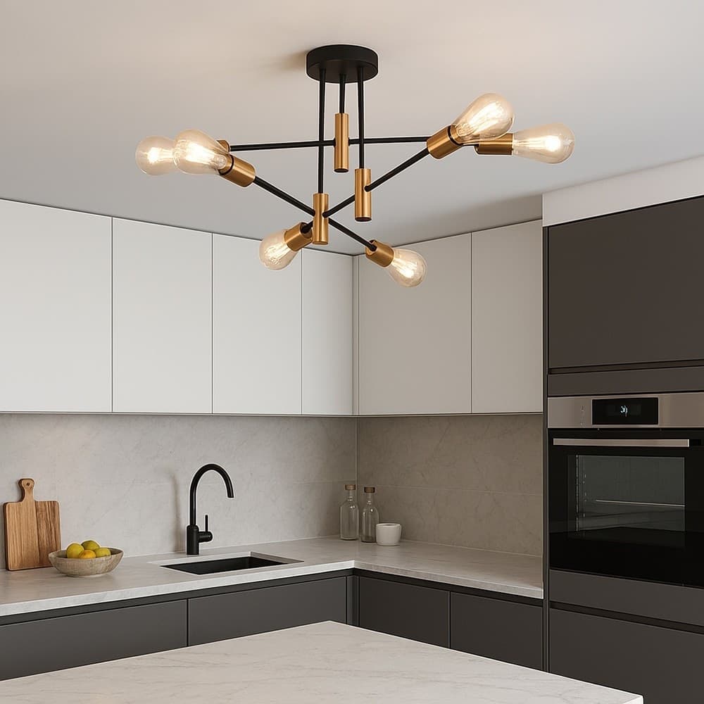 PLAFONIERA SOFFITTO DESIGN INDUSTRIALE MODERNA NERO ORO 6 PORTALAMPADA ATTACCO E27 PN-14 in Plafoniere Trade Shop italia - Napoli, commercioVirtuoso.it