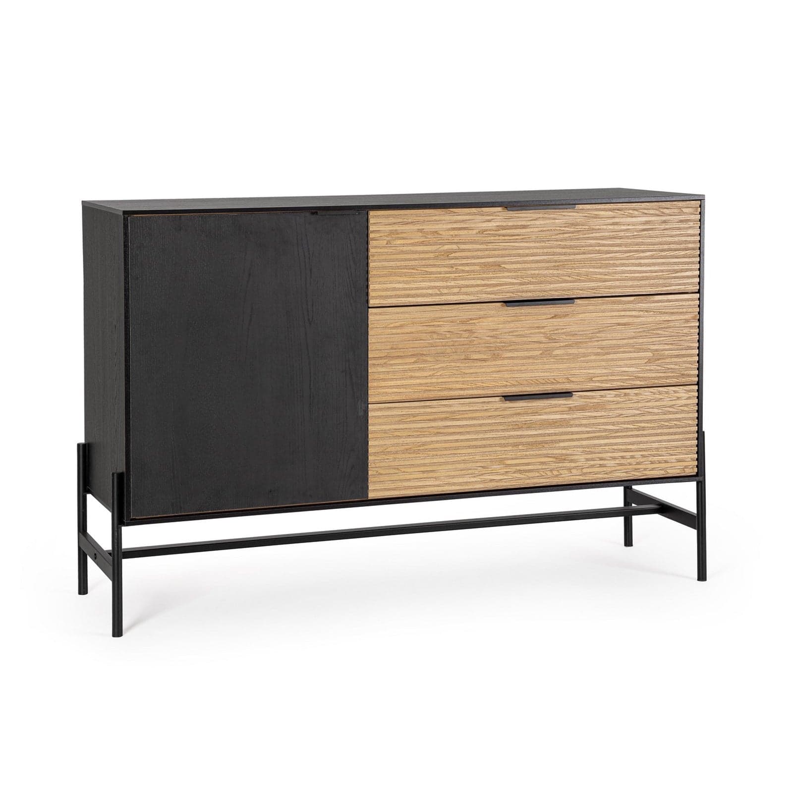 Mobile credenza "Allycia" in mdf-legno di frassino, gambe in acciaio, per interno – Nero - Naturale, 1 anta - 3 cassetti –