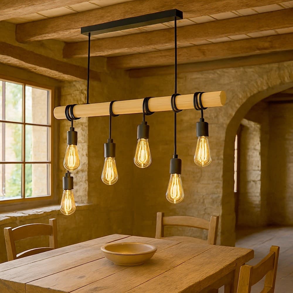 LAMPADARIO SOSPENSIONE LEGNO STILE INDUSTRIALE 6 PORTALAMPADA E27 LAMPADA CUCINA B47-6 in Lampade a sospensione Trade Shop italia - Napoli, commercioVirtuoso.it