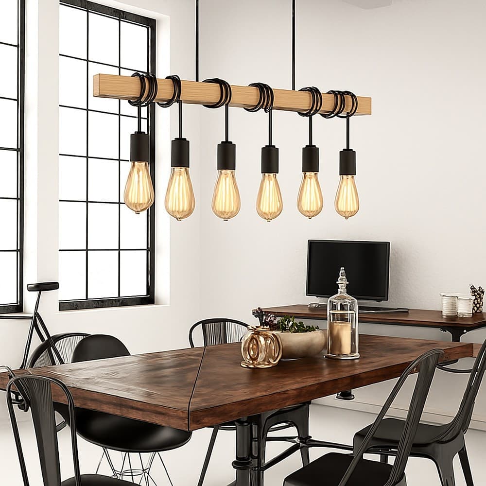 LAMPADARIO SOSPENSIONE LEGNO STILE INDUSTRIALE 6 PORTALAMPADA E27 LAMPADA CUCINA B47-6 in Lampade a sospensione Trade Shop italia - Napoli, commercioVirtuoso.it