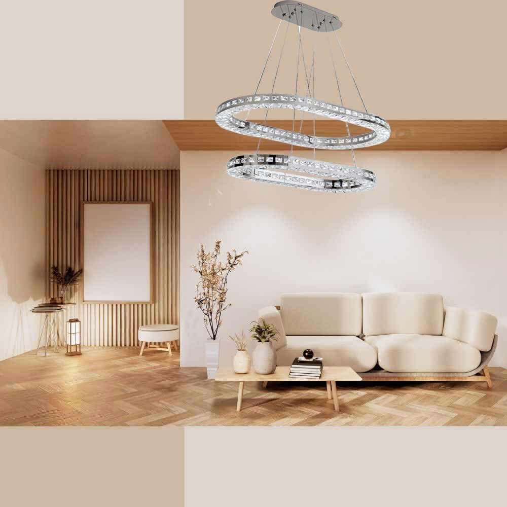 LAMPADARIO A LED 46 WATT A SOSPENSIONE DA SOFFITTO CCT CON 2 ANELLI CRISTALLI B49-3C in prodotto Trade Shop italia - Napoli, commercioVirtuoso.it