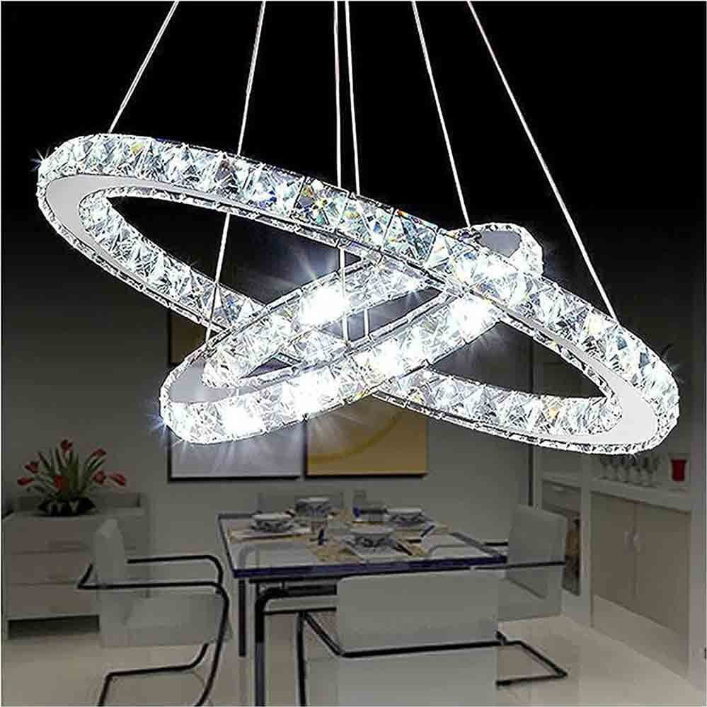 LAMPADARIO A LED 46 WATT A SOSPENSIONE DA SOFFITTO CCT CON 2 ANELLI CRISTALLI B49-3C in prodotto Trade Shop italia - Napoli, commercioVirtuoso.it