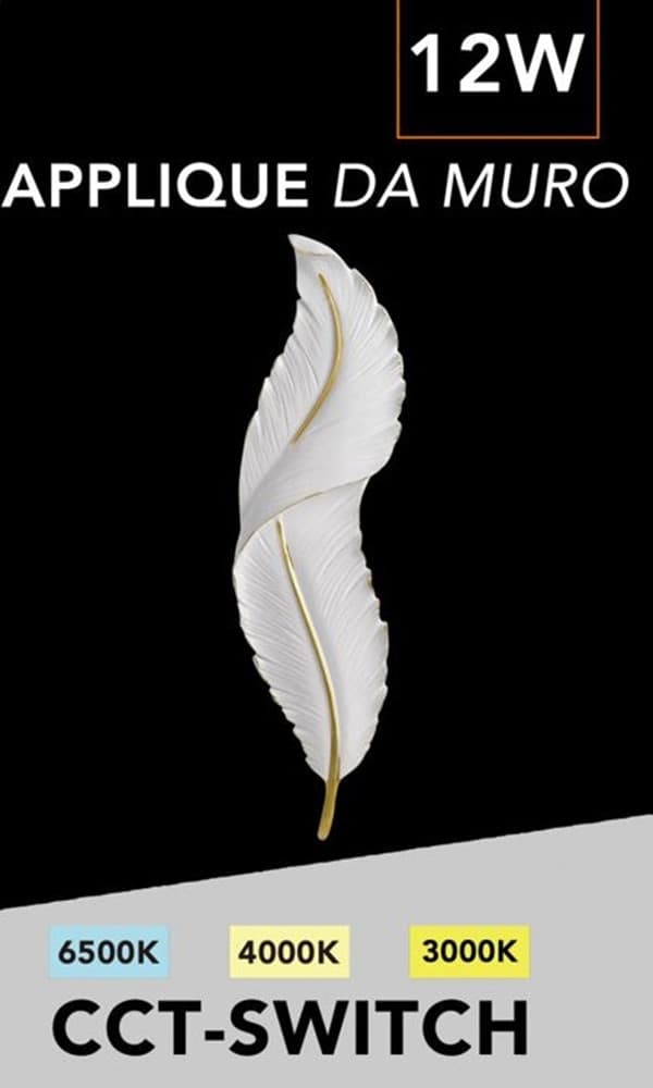 APPLIQUE LED LAMPADA MURO 12W CCT 3 TONALITÀ LUCE DESIGN PIUMA BIANCA ORO RESINA AQ24-B3C in Applique Trade Shop italia - Napoli, commercioVirtuoso.it