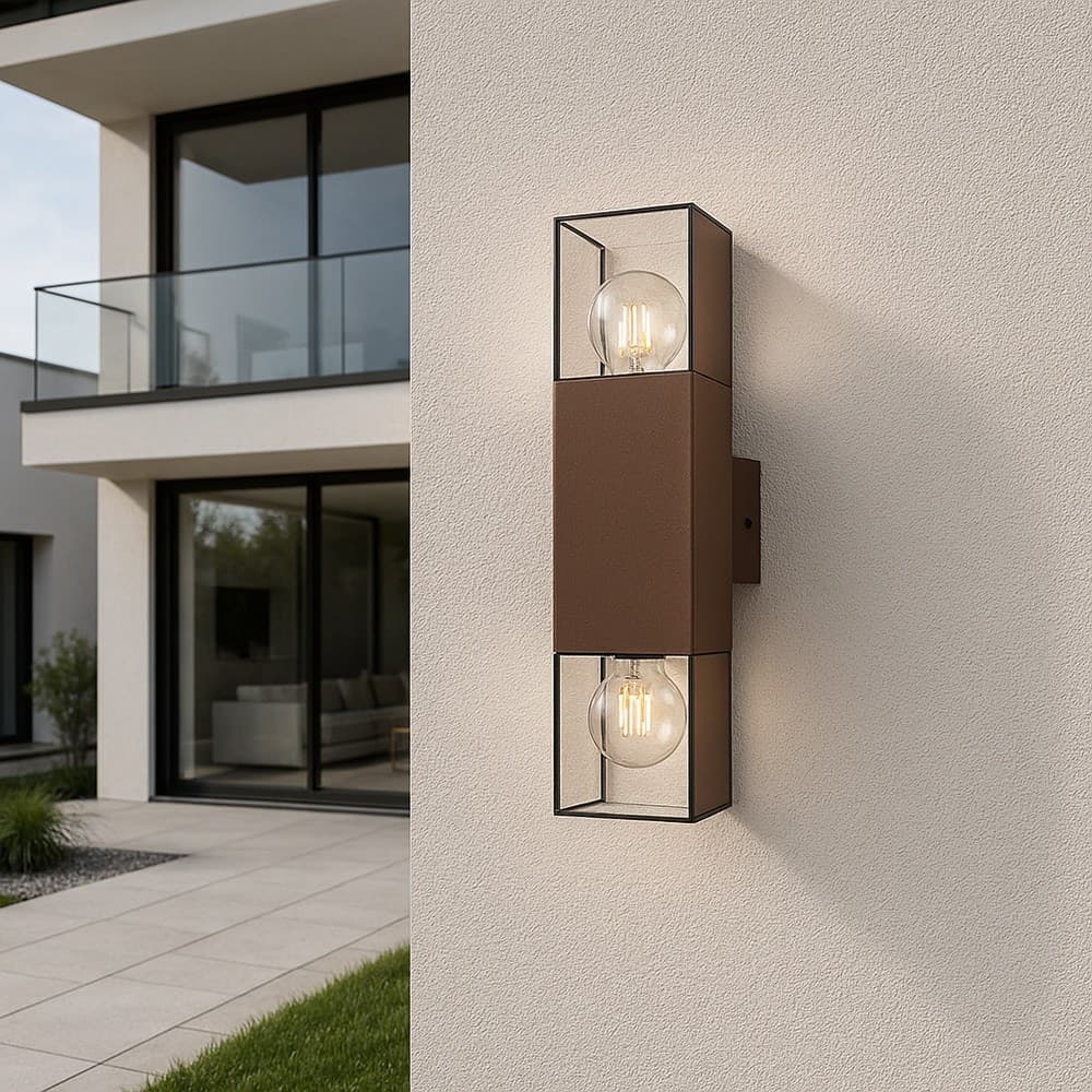APPLIQUE DA ESTERNO A PARETE DOPPIA EMISSIONE DI LUCE 2 ATTACCHI E27 IP44 RUGGINE ESM-01C in Lampade da parete Trade Shop italia - Napoli, commercioVirtuoso.it