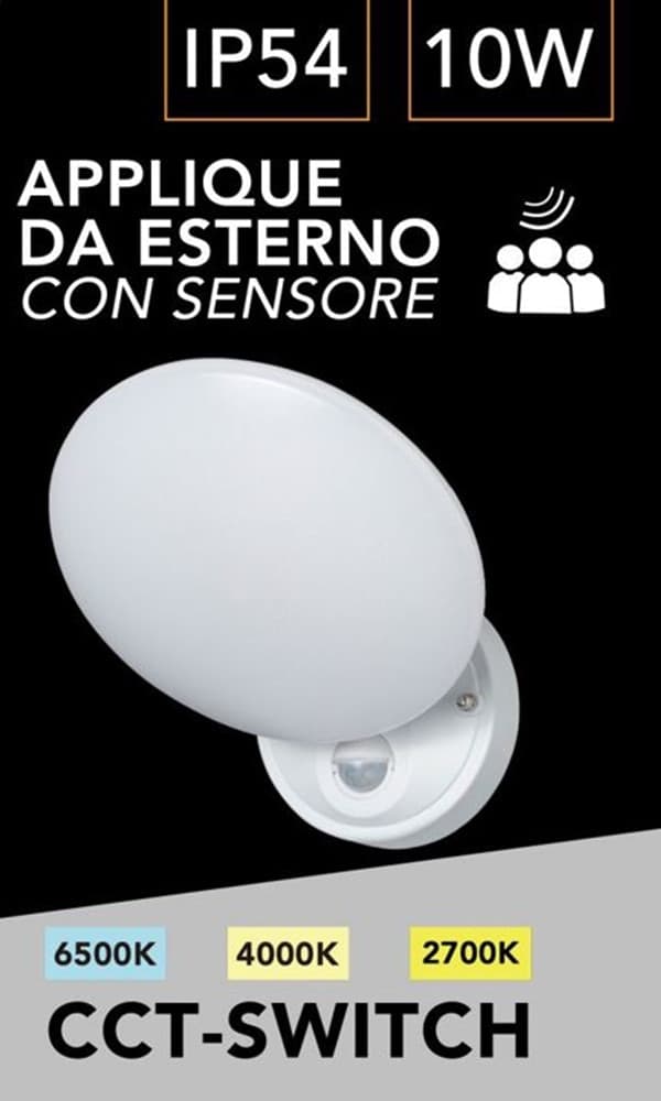 APPLIQUE DA ESTERNO 10W CON SENSORE MOVIMENTO CCT SWITCH IP54 3 COLORI LUCE SS-ESA-02B3C in Lampade da parete Trade Shop italia - Napoli, commercioVirtuoso.it