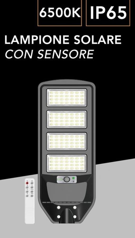 LAMPIONE STRADALE LED PANNELLO SOLARE CON SENSORE PIR LUCE FREDDA 6500K IP65 J02-220W-F in Lampioni Trade Shop italia - Napoli, commercioVirtuoso.it