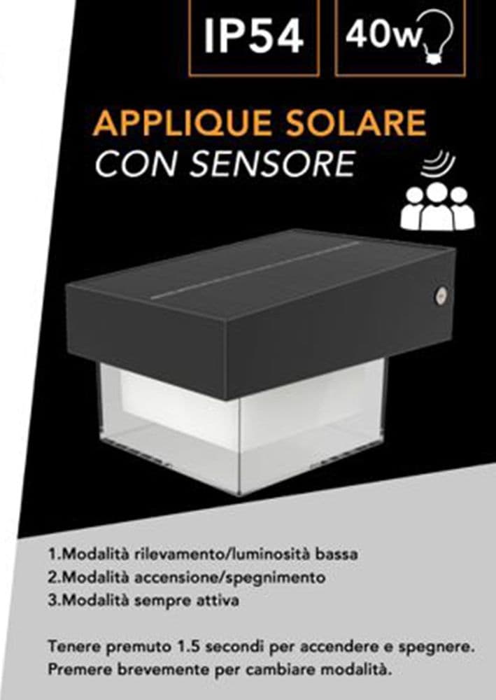 APPLIQUE SOLARE CON SENSORE MOVIMENTO LAMPADA LED DA ESTERNO LUCE 6000K IP54 ZQ-BD-005GY in Lampade da parete Trade Shop italia - Napoli, commercioVirtuoso.it