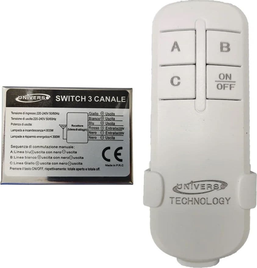 SWITCH + TELECOMANDO WIRELESS UNIVERSALE 3 CANALI TECNOLOGIA INTELLIGENTE TE-C