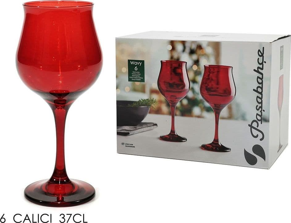 SET 6 CALICI VINO ROSSO 37 CL FORMA TULIPANO VETRO ROSSO FESTIVO PER BRINDISI NATALE in Calici da vino Trade Shop italia - Napoli, commercioVirtuoso.it