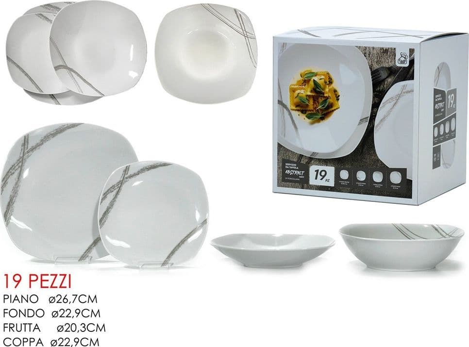 SET SERVIZIO DI PIATTI IN PORCELLANA 19PZ FORMA QUADRATA CON MOTIVO ASTRATTO LINEE GRIGIE in Servizi di piatti Trade Shop italia - Napoli, commercioVirtuoso.it