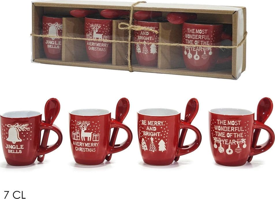 SET 4 TAZZINE NATALIZIE DECORATE IN CERAMICA CAPACITÀ 7 CL CON CUCCHIAINI COORDINATI in Set di tazza e piattino Trade Shop italia - Napoli, commercioVirtuoso.it
