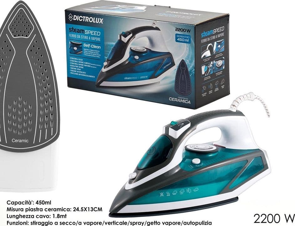 FERRO DA STIRO A VAPORE CON PIASTRA IN CERAMICA 2200W SERBATOIO 450ML MANICO ANTISCIVOLO in Ferri a caldaia Trade Shop italia - Napoli, commercioVirtuoso.it