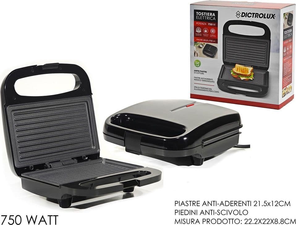 TOSTIERA ELETTRICA 750W AMPIE PIASTRE ANTIADERENTI PIEDINI ANTISCIVOLO MANICO TERMOISOLATO in Piastre tostapane Trade Shop italia - Napoli, commercioVirtuoso.it