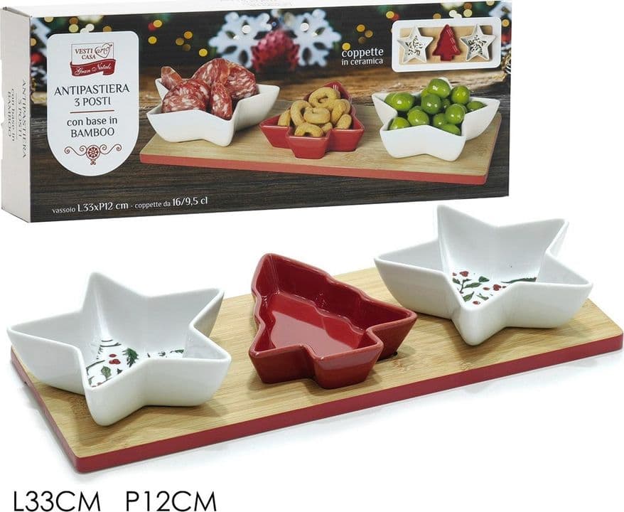 ANTIPASTIERA 3 POSTI CON VASSOIO BASE IN BAMBOO 33X12CM 3 COPPETTE IN CERAMICA NATALIZIE in Ciotoline da Snack Trade Shop italia - Napoli, commercioVirtuoso.it