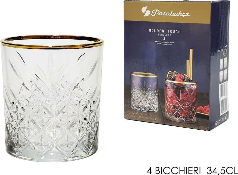 SET 4PZ BICCHIERE IN VETRO DESIGN ELEGANTE CON BORDINO DORATO 34,5CL PER WHISKY COCKTAIL in Calici da vino Trade Shop italia - Napoli, commercioVirtuoso.it