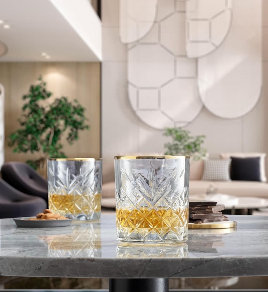 SET 4PZ BICCHIERE IN VETRO DESIGN ELEGANTE CON BORDINO DORATO 34,5CL PER WHISKY COCKTAIL in Calici da vino Trade Shop italia - Napoli, commercioVirtuoso.it