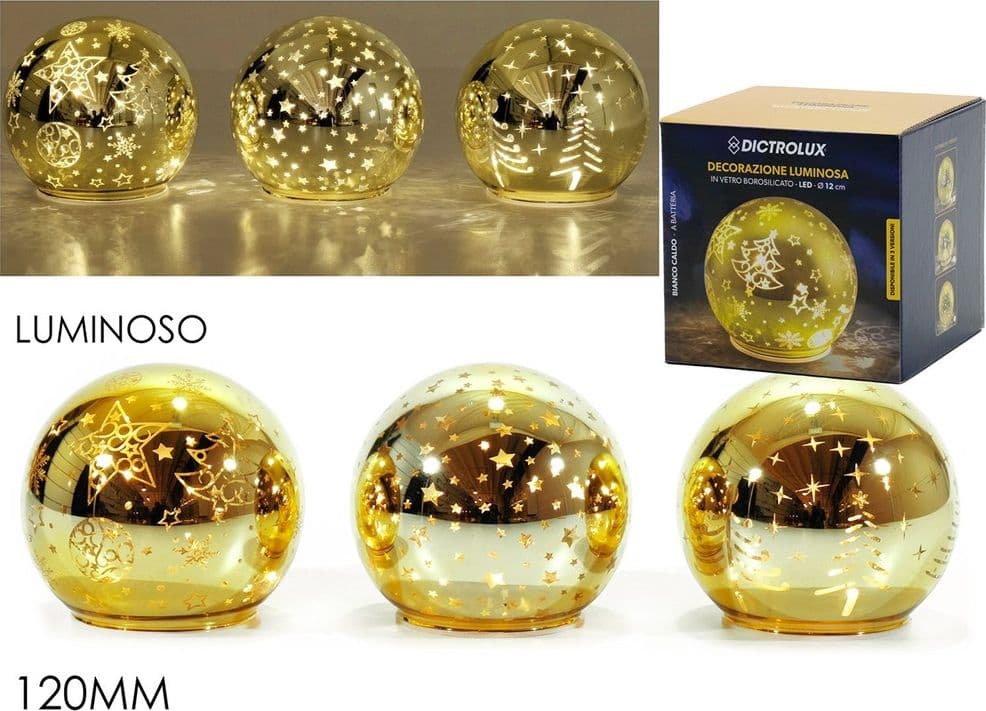 PALLA DECORATIVA IN VETRO ORO LUMINOSA NATALIZIA LED LUCE BIANCO CALDO A BATTERIA Ø120MM in Catene luminose Trade Shop italia - Napoli, commercioVirtuoso.it