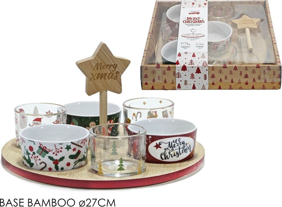 SET ANTIPASTIERA NATALIZIA BASE ROTONDA IN BAMBOO Ø 27 CM CON 6 CIOTOLE ASSORTITE in Ciotoline da Snack Trade Shop italia - Napoli, commercioVirtuoso.it