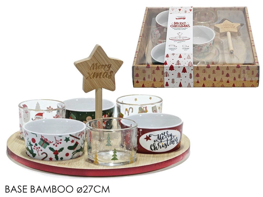 SET ANTIPASTIERA NATALIZIA BASE ROTONDA IN BAMBOO Ø 27 CM CON 6 CIOTOLE ASSORTITE in Ciotoline da Snack Trade Shop italia - Napoli, commercioVirtuoso.it