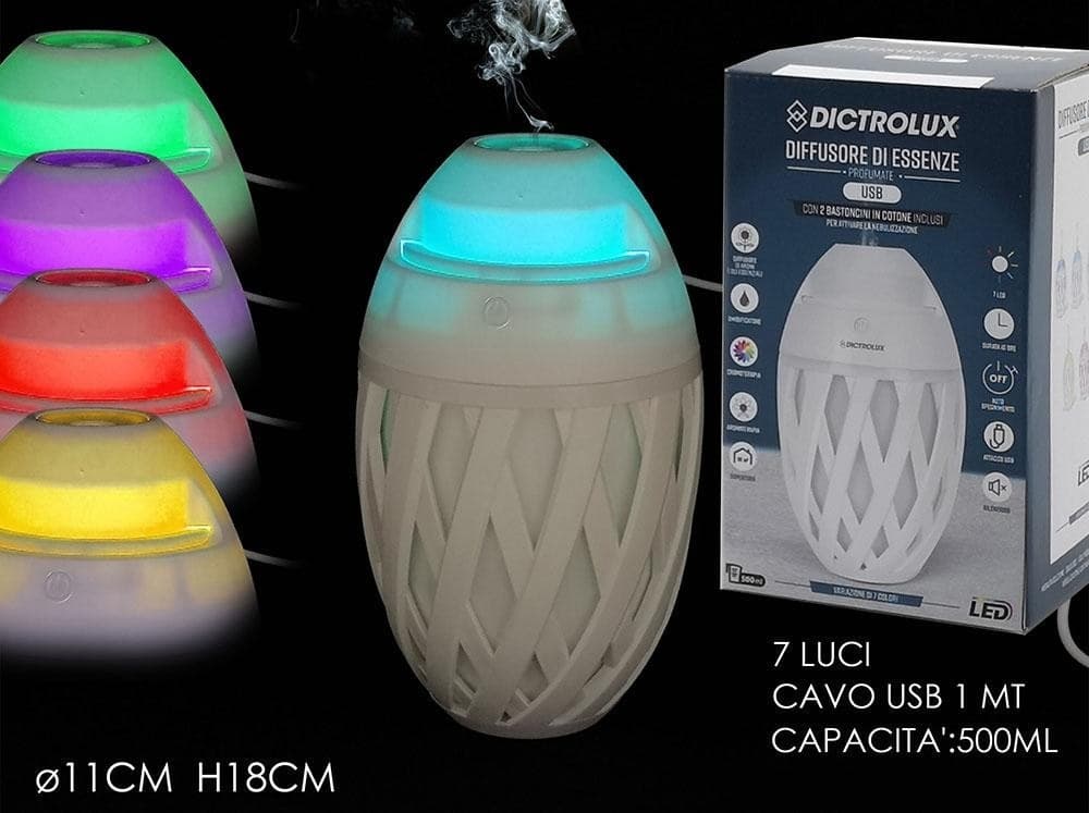 DIFFUSORE DI ESSENZE PROFUMATE A ULTRASUONI 7 LUCI LED USB Ø11CM H18CM PER CROMOTERAPIA in Agopressione Trade Shop italia - Napoli, commercioVirtuoso.it