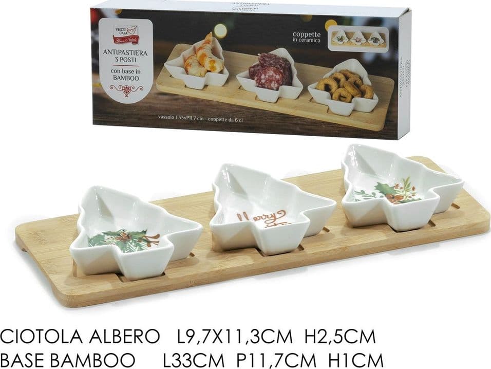 ANTIPASTIERA ELEGANTE 3 POSTI CON CIOTOLE IN CERAMICA FORMA ALBERO NATALE BASE IN BAMBÙ in Ciotoline da Snack Trade Shop italia - Napoli, commercioVirtuoso.it
