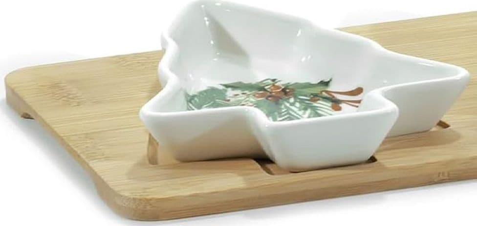 ANTIPASTIERA ELEGANTE 3 POSTI CON CIOTOLE IN CERAMICA FORMA ALBERO NATALE BASE IN BAMBÙ in Ciotoline da Snack Trade Shop italia - Napoli, commercioVirtuoso.it