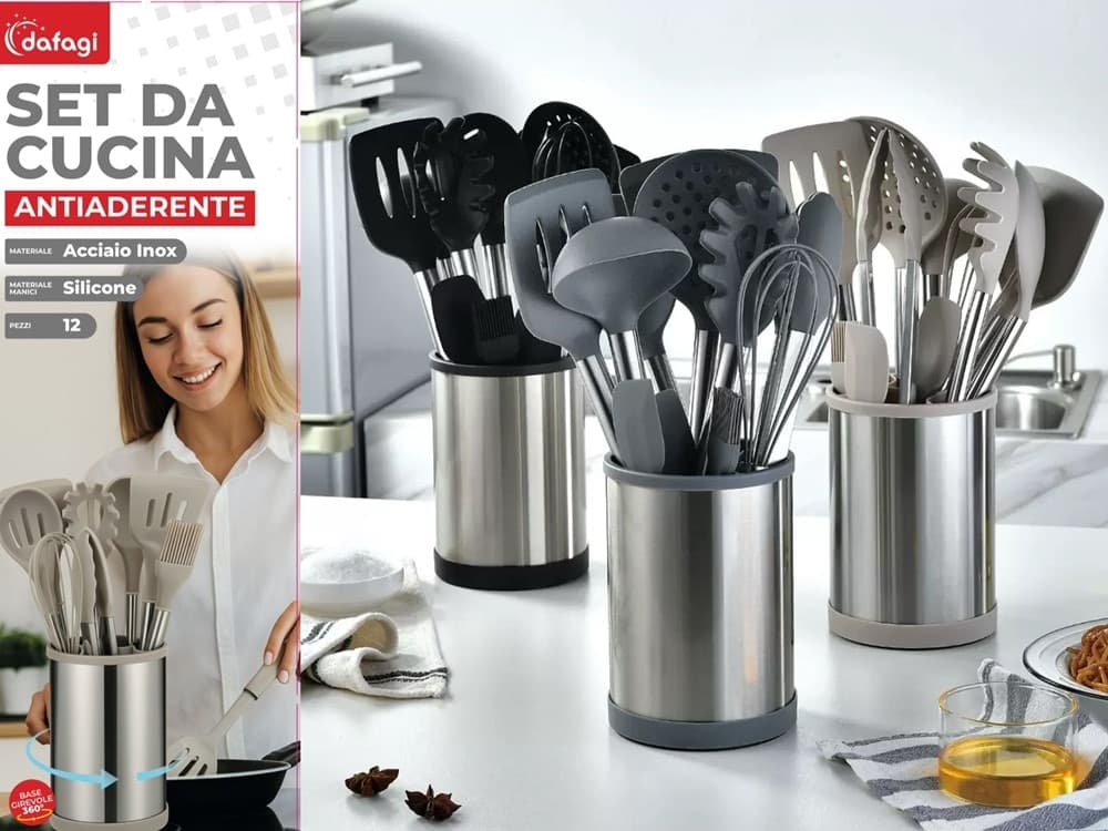 SET 12PZ UTENSILI DA CUCINA MESTOLI IN SILICONE ACCIAIO ANTIADERENTE PORTAPOSATE GIREVOLE in Spatole Trade Shop italia - Napoli, commercioVirtuoso.it