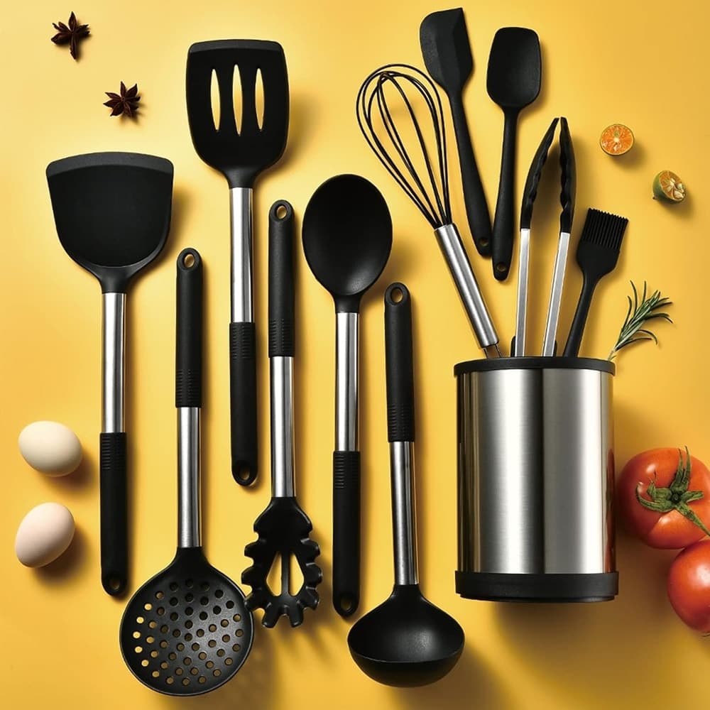 SET 12PZ UTENSILI DA CUCINA MESTOLI IN SILICONE ACCIAIO ANTIADERENTE PORTAPOSATE GIREVOLE in Spatole Trade Shop italia - Napoli, commercioVirtuoso.it