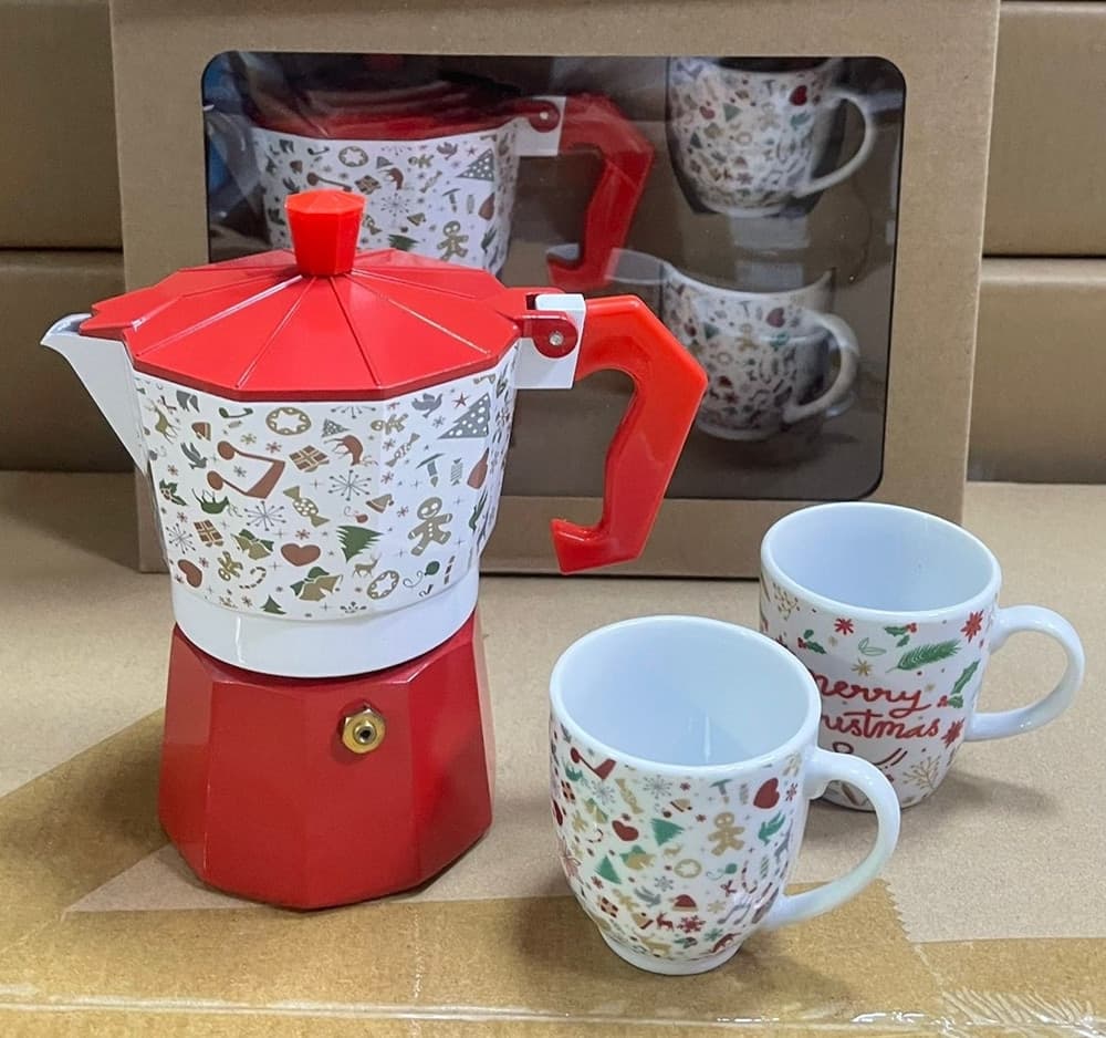 SET BOX CAFFETTIERA MOKA CON 2 TAZZE IN CERAMICA ABBINATE DESIGN NATALIZIO IDEA REGALO in Tazze e tazzine da caffè Trade Shop italia - Napoli, commercioVirtuoso.it