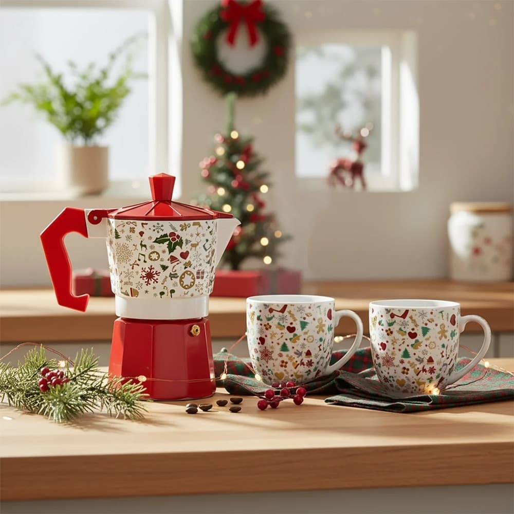 SET BOX CAFFETTIERA MOKA CON 2 TAZZE IN CERAMICA ABBINATE DESIGN NATALIZIO IDEA REGALO in Tazze e tazzine da caffè Trade Shop italia - Napoli, commercioVirtuoso.it